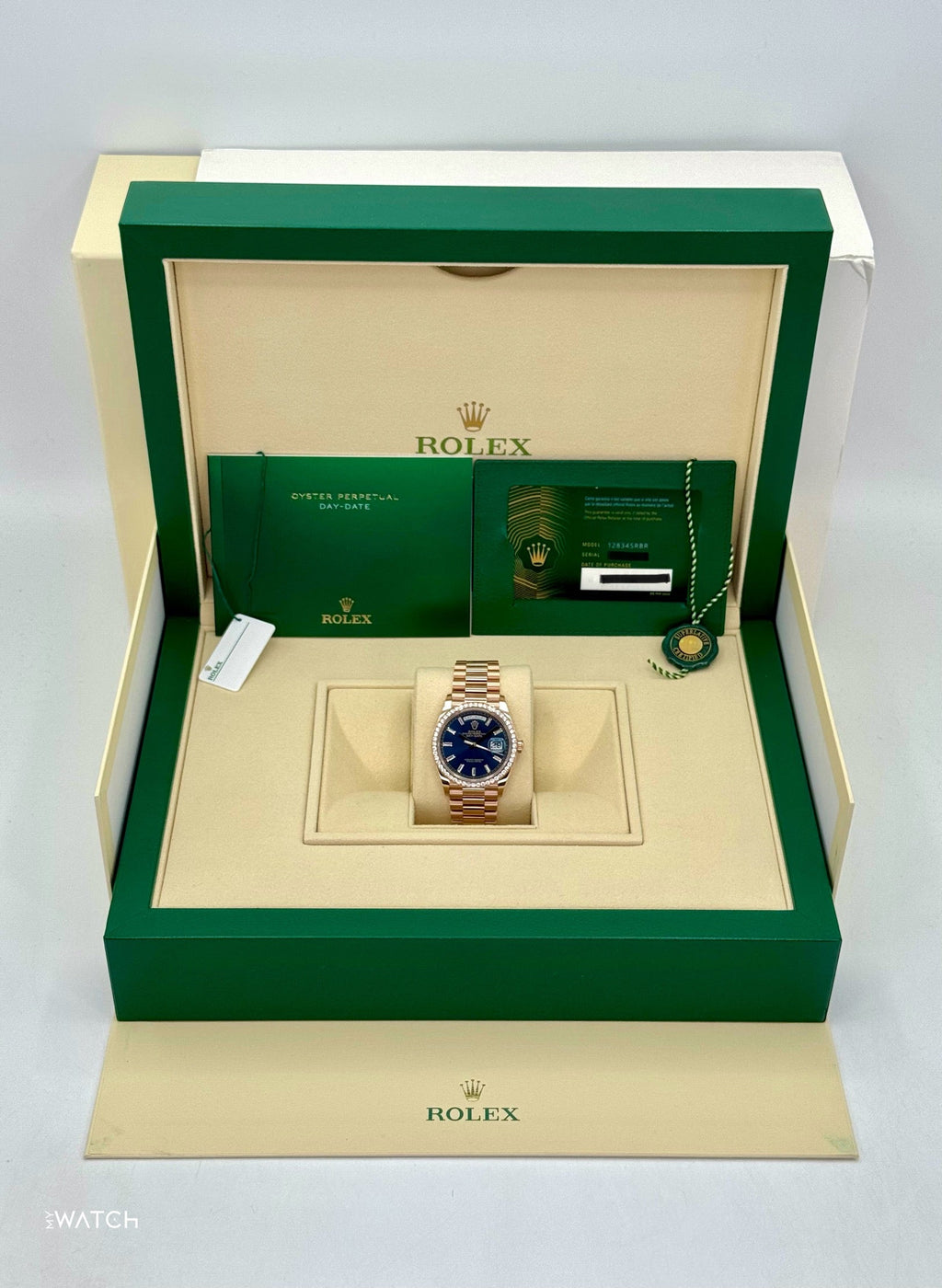 NEW 2025 Rolex Day-Date 36mm 128345RBR Rose Gold Blue Baguette Dial