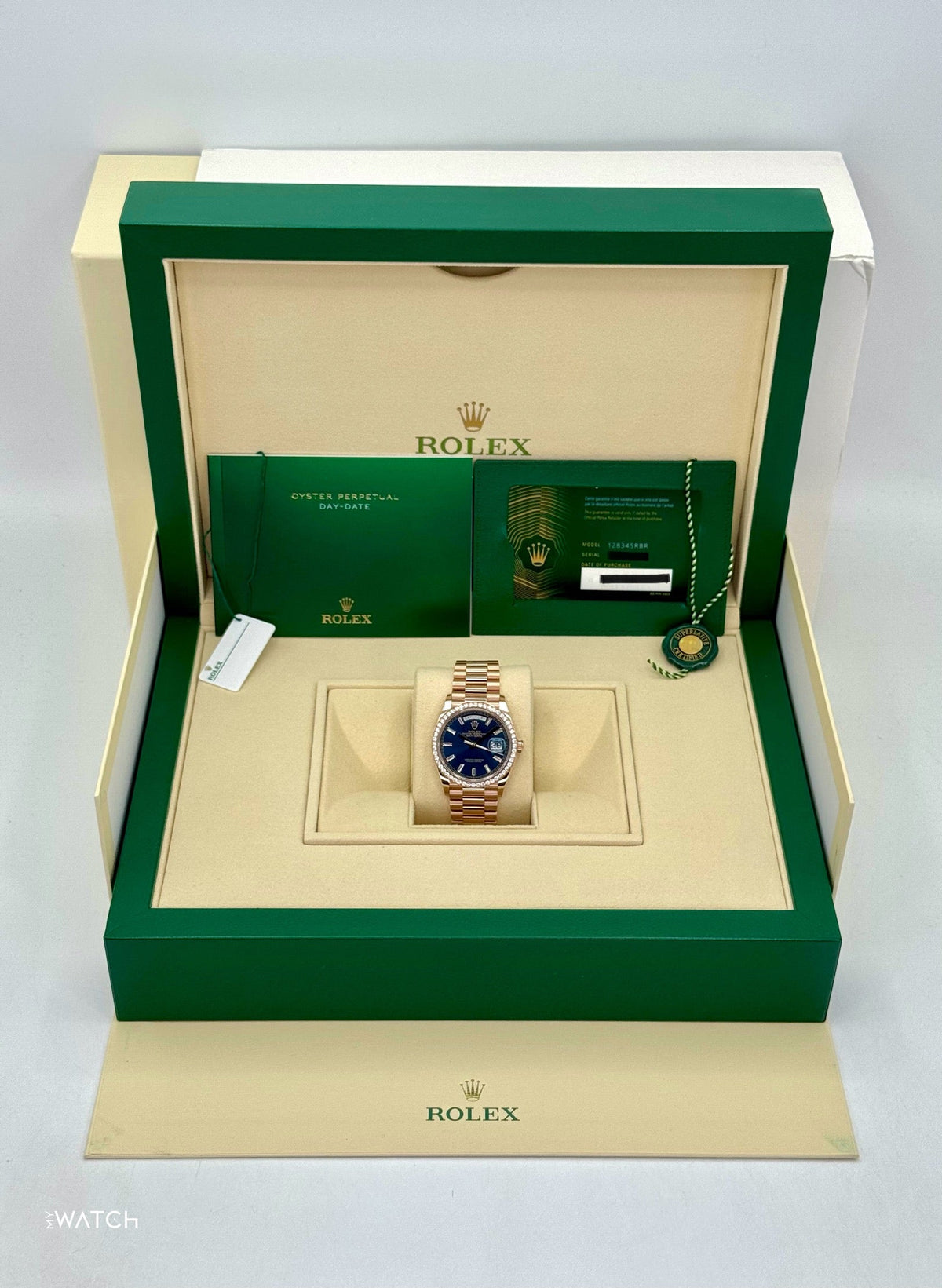 NEW 2025 Rolex Day-Date 36mm 128345RBR Rose Gold Blue Baguette Dial