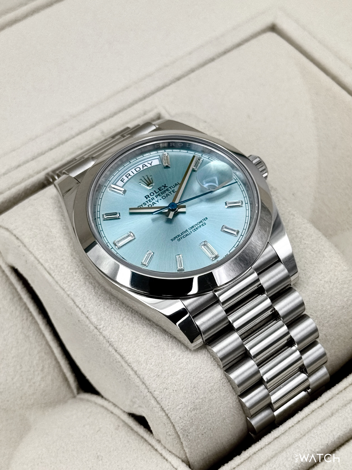 2021 Rolex Day-Date 40mm 228206 Platinum Ice Blue Diamond Dial