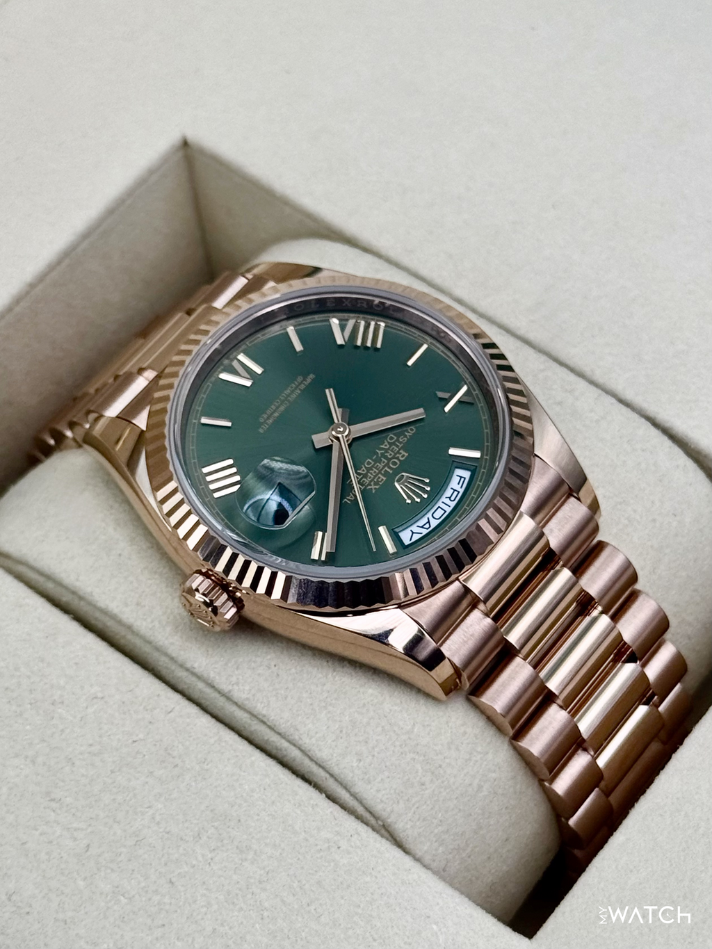 NEW 2026 Rolex Day-Date 36mm 128235 Presidential Rose Gold Olive Green Dial