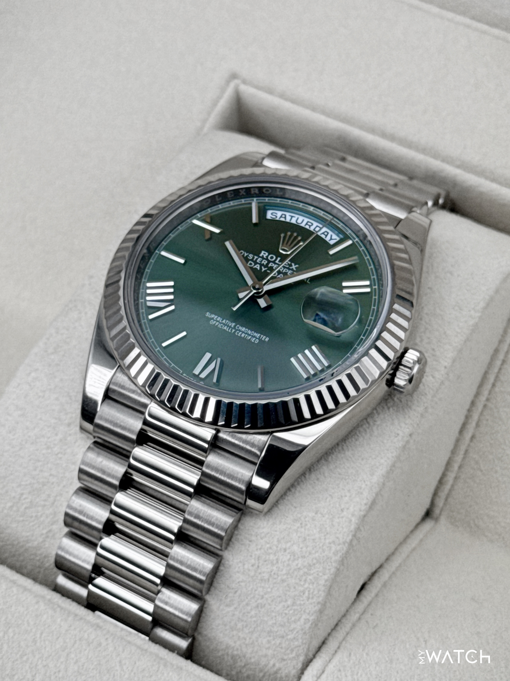 2022 Rolex Day-Date 40mm 228239 Presidential 18kt White Gold Olive Dial