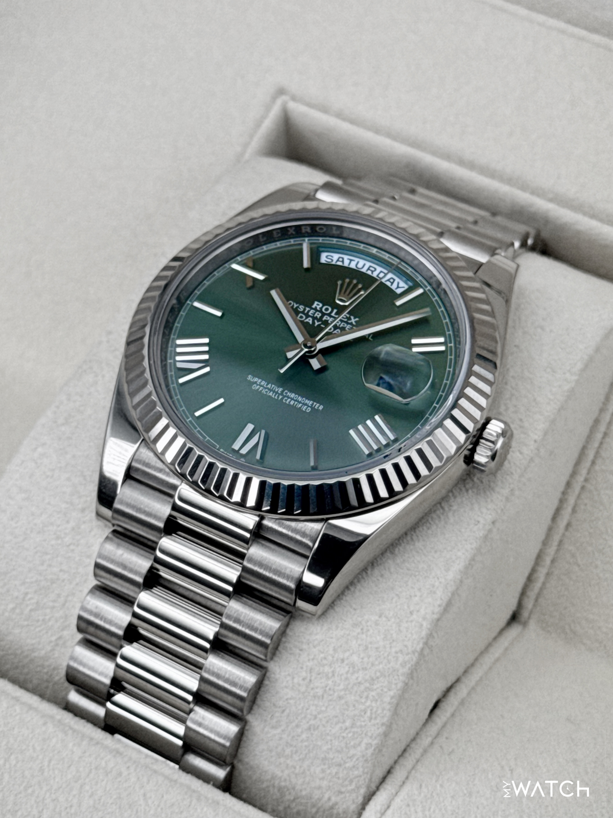 2022 Rolex Day-Date 40mm 228239 Presidential 18kt White Gold Olive Dial