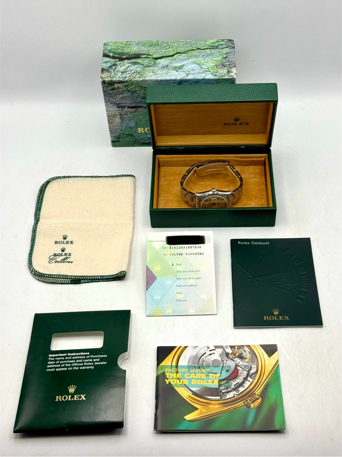 2004 Rolex Datejust 36mm 16220 Stainless Steel Oyster Silver Tapestry Dial (Collectors Set)