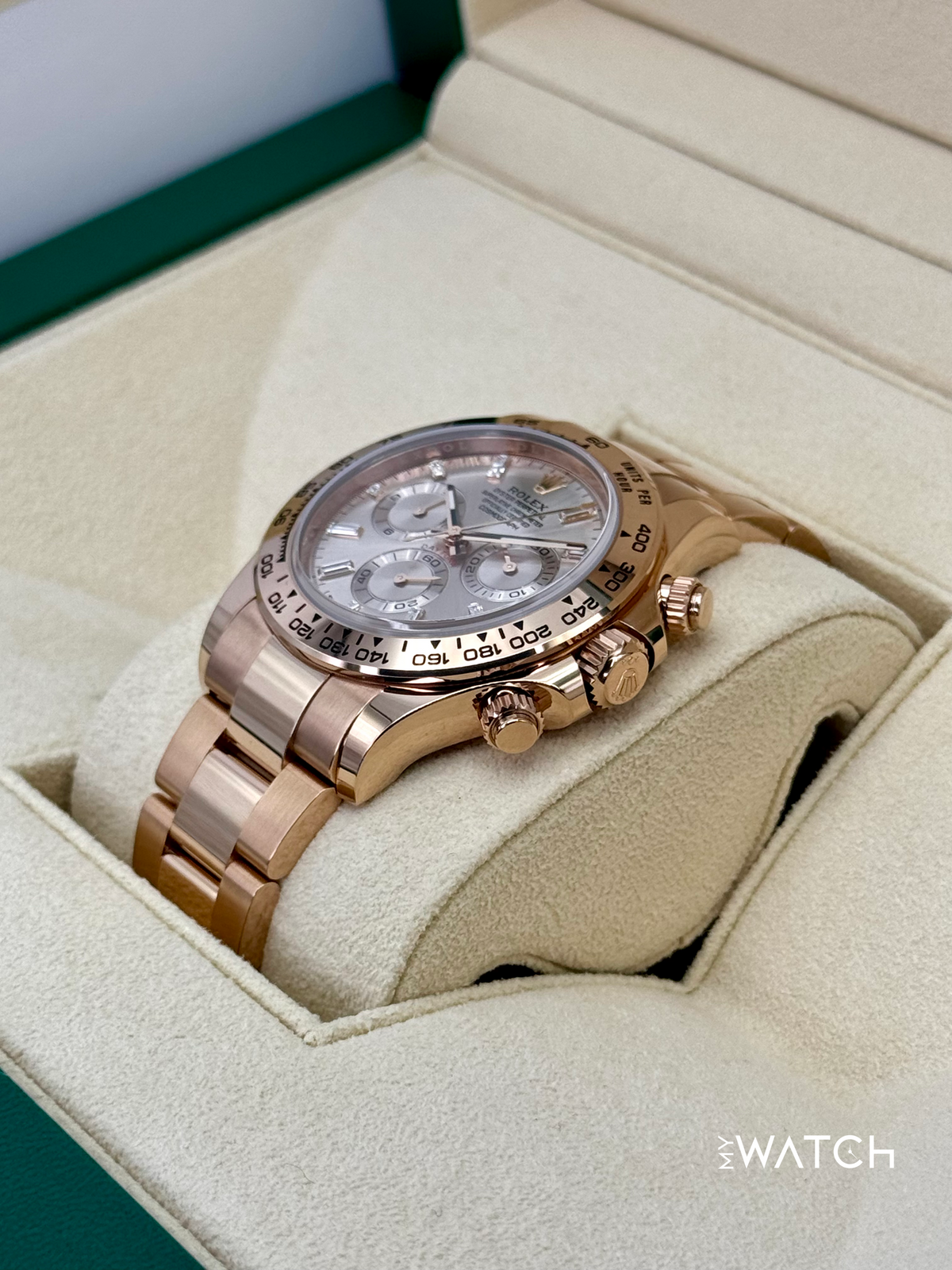 2022 Rolex Daytona 40mm 116505 Rose Gold Sundust Diamond Baguette Dial