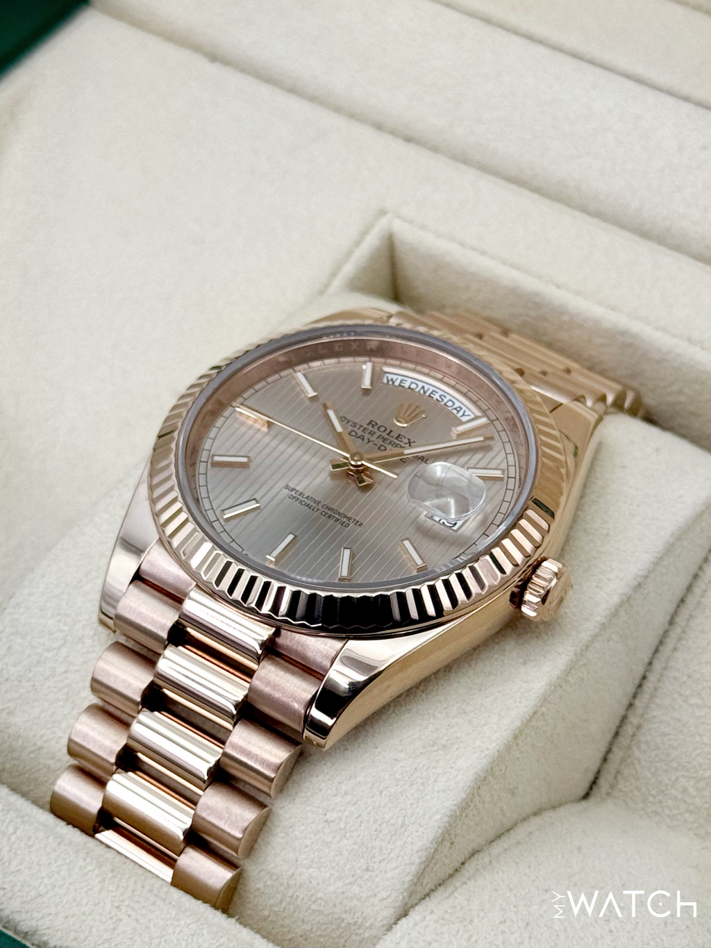 2018 Rolex Day-Date 40mm 228235 Presidential Rose Gold Sundust Stripe Motif Dial