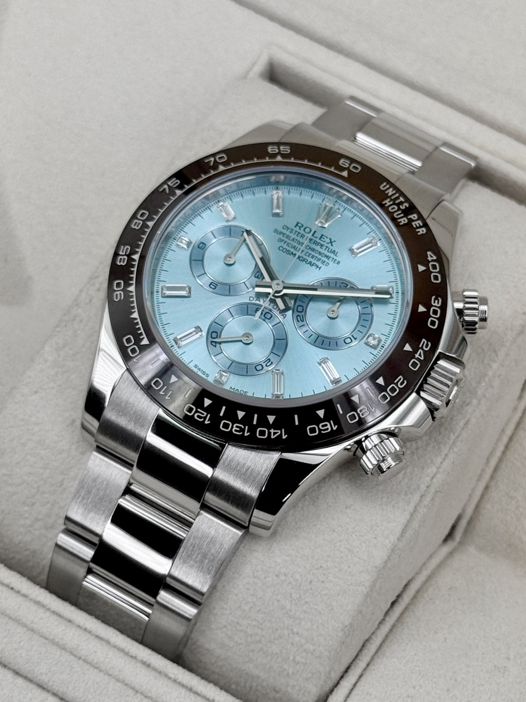 2020 Rolex Daytona 40mm 116506 Platinum Ice Blue Diamond Baguette Dial