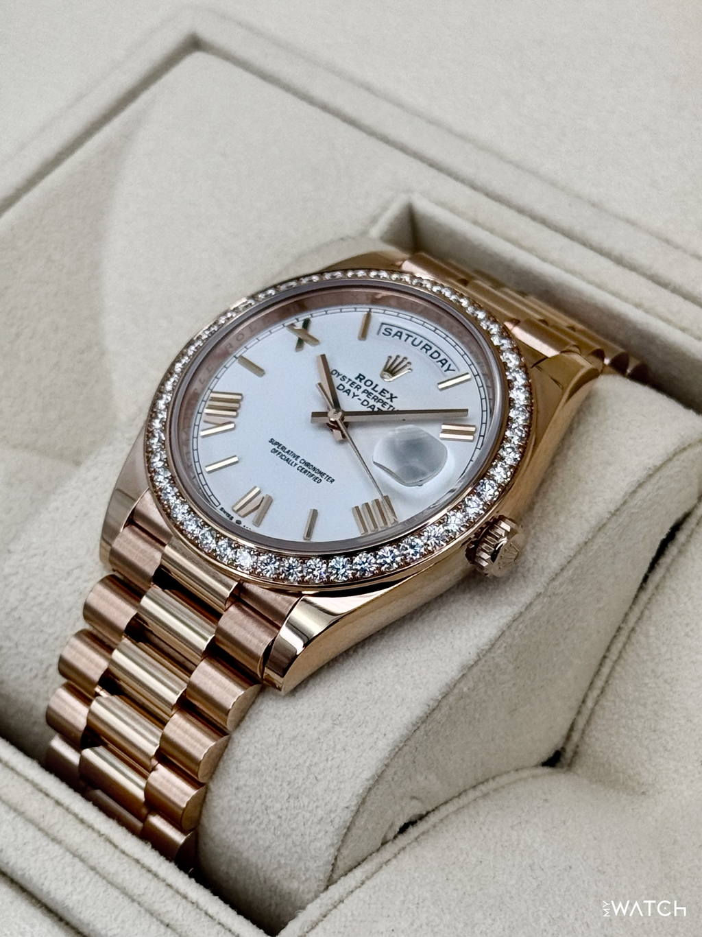 2022 Rolex Day-Date 40mm 228345RBR Presidential Rose Gold Diamond Bezel White Dial (CPO)