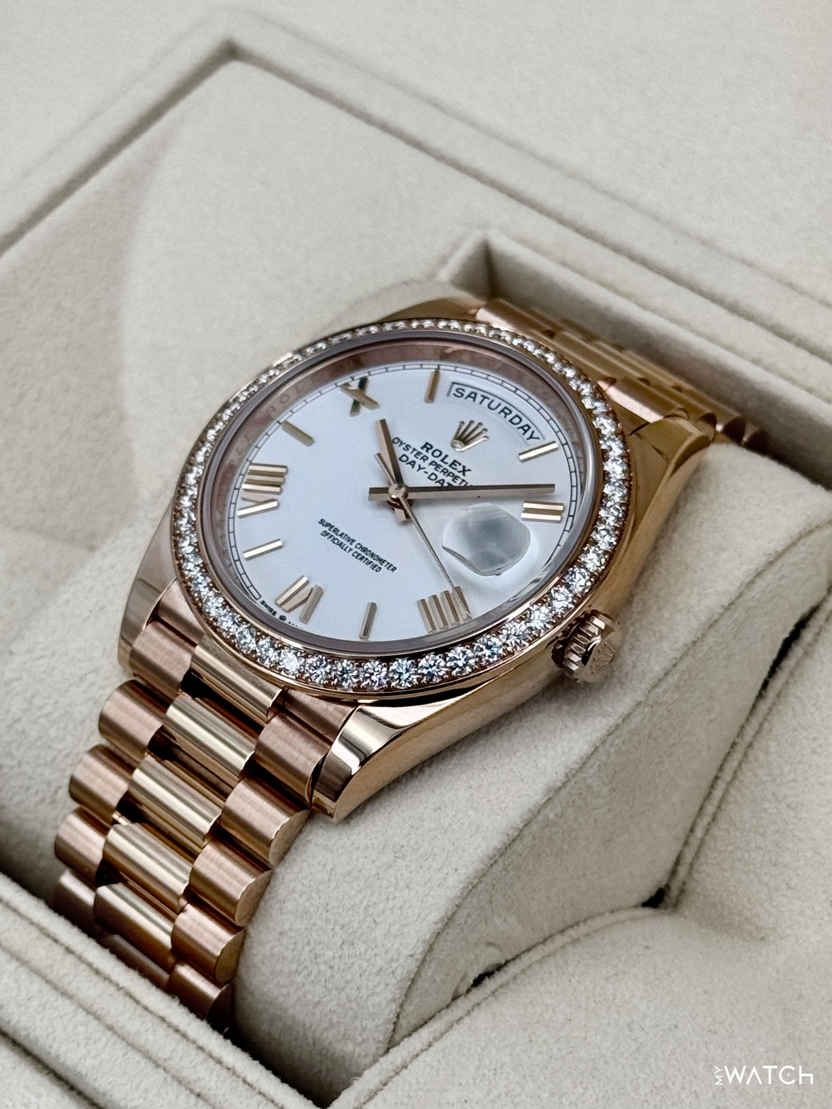 2022 Rolex Day-Date 40mm 228345RBR Presidential Rose Gold Diamond Bezel White Dial (CPO)