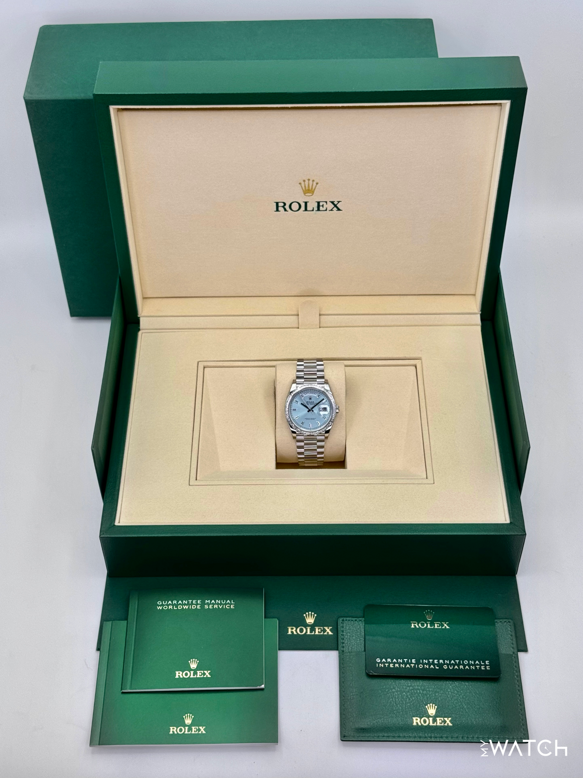 NEW Rolex Day-Date 36mm 128396TBR Ice Blue Diamond Baguette Dial