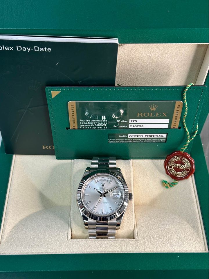 2013 Rolex Day-Date 41mm 218239 White Gold Jubilee Silver Stick Dial