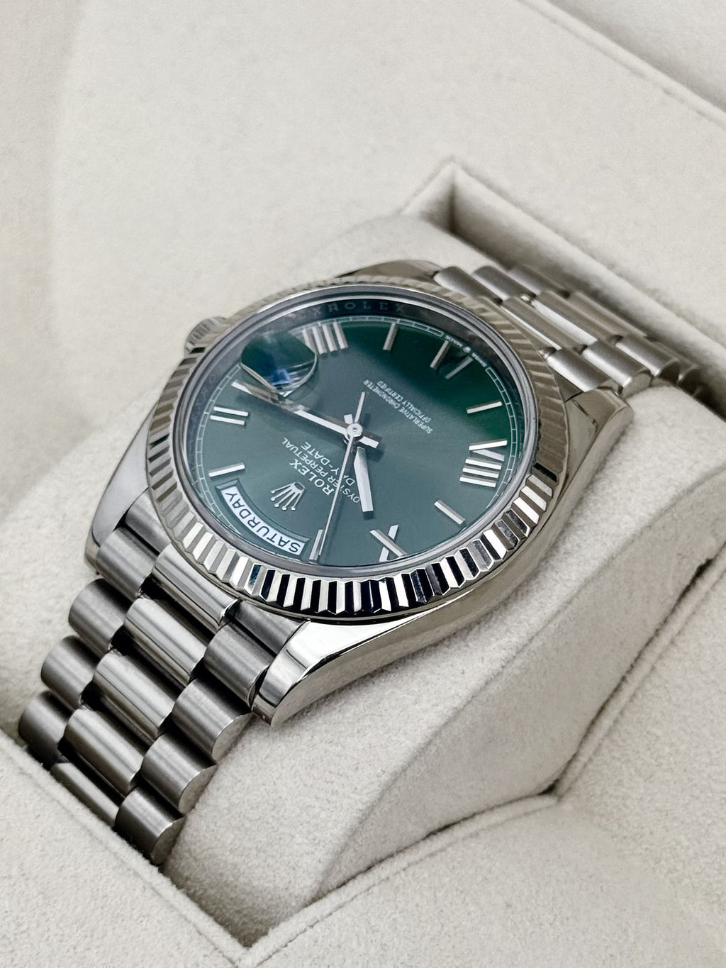 2020 Rolex Day-Date 40mm 228239 Presidential White Gold Olive Green Dial