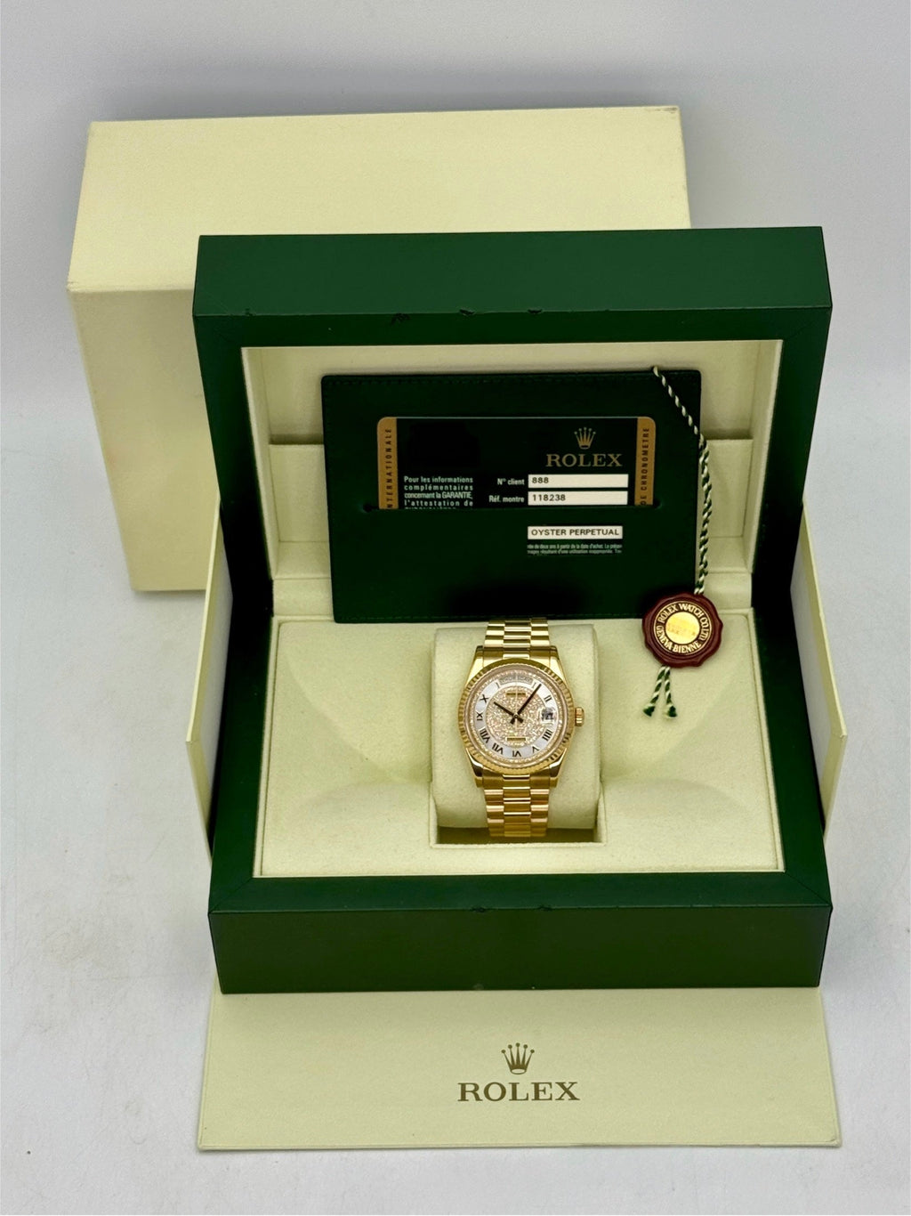 2013 Rolex Day-Date 36mm 118238 Presidential Diamond Pave Mother of Pearl Dial