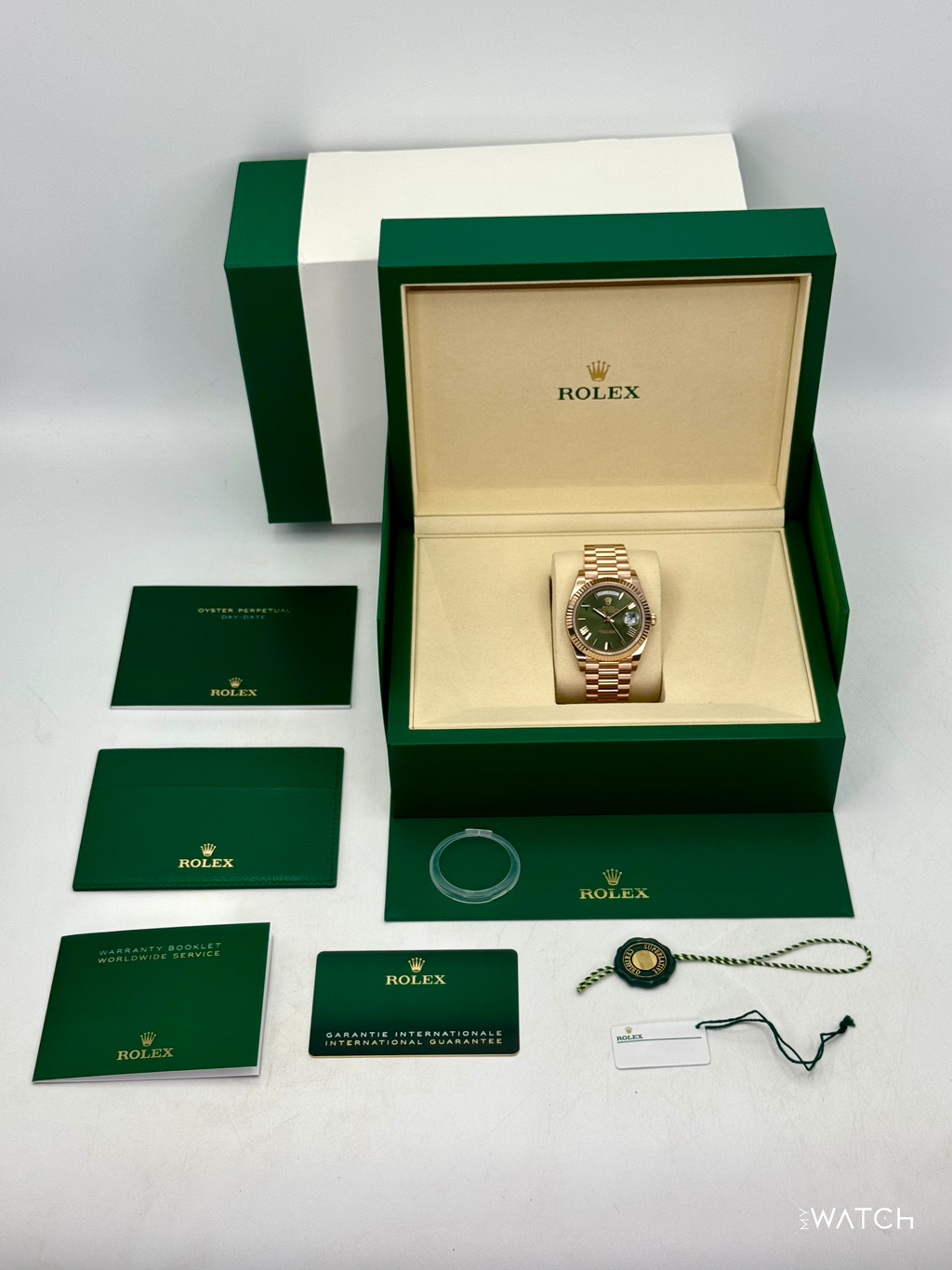 NEW 2025 Rolex Day-Date 40mm 228235 Presidential Rose Gold Green Dial (STICKERED)