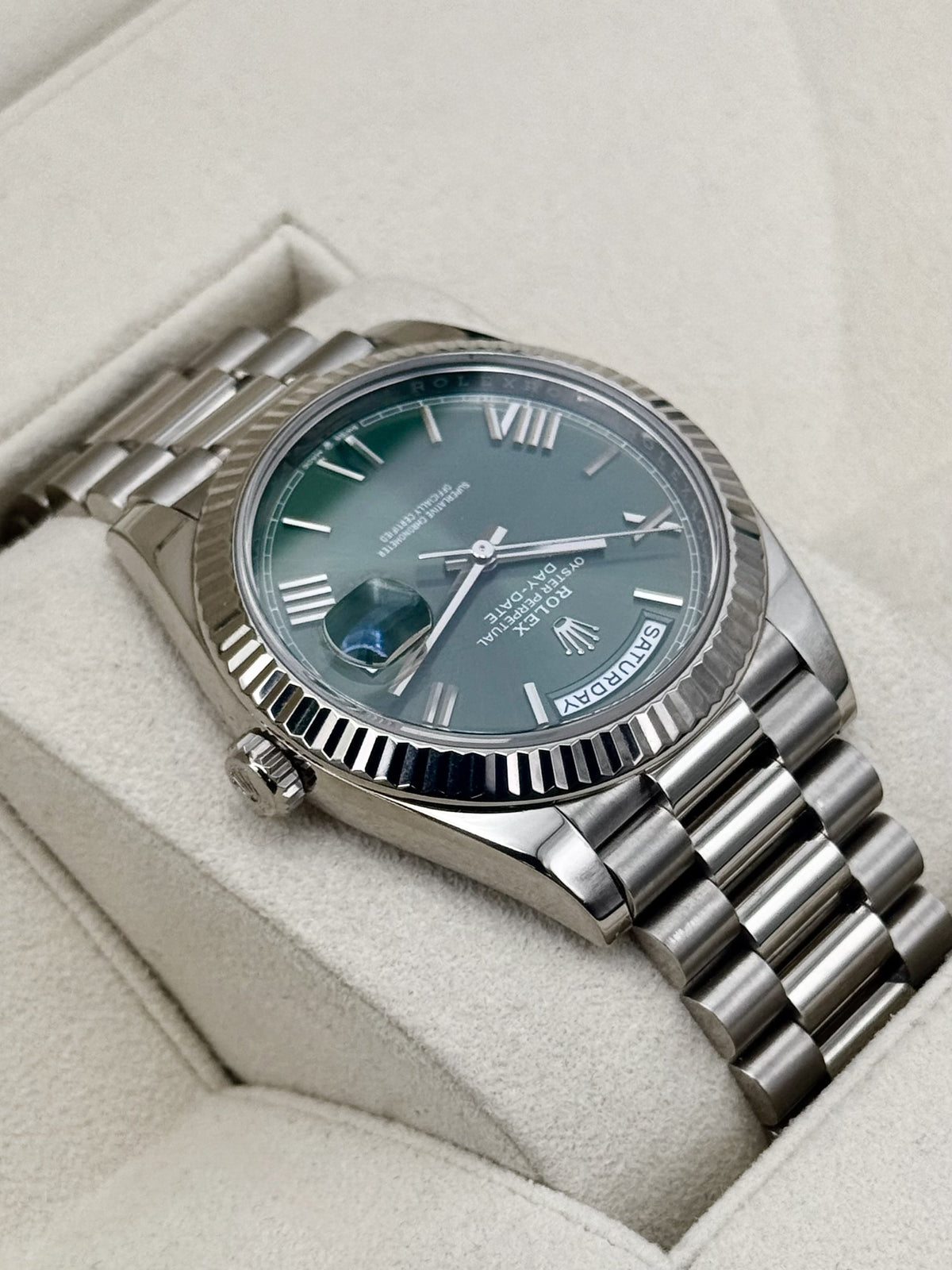 2020 Rolex Day-Date 40mm 228239 Presidential White Gold Olive Green Dial