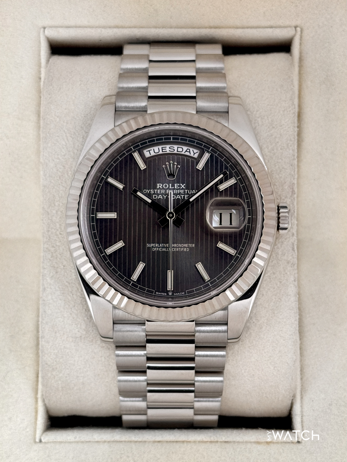 2020 Rolex Day-Date 40mm 228239 White Gold Rhodium Motif Dial