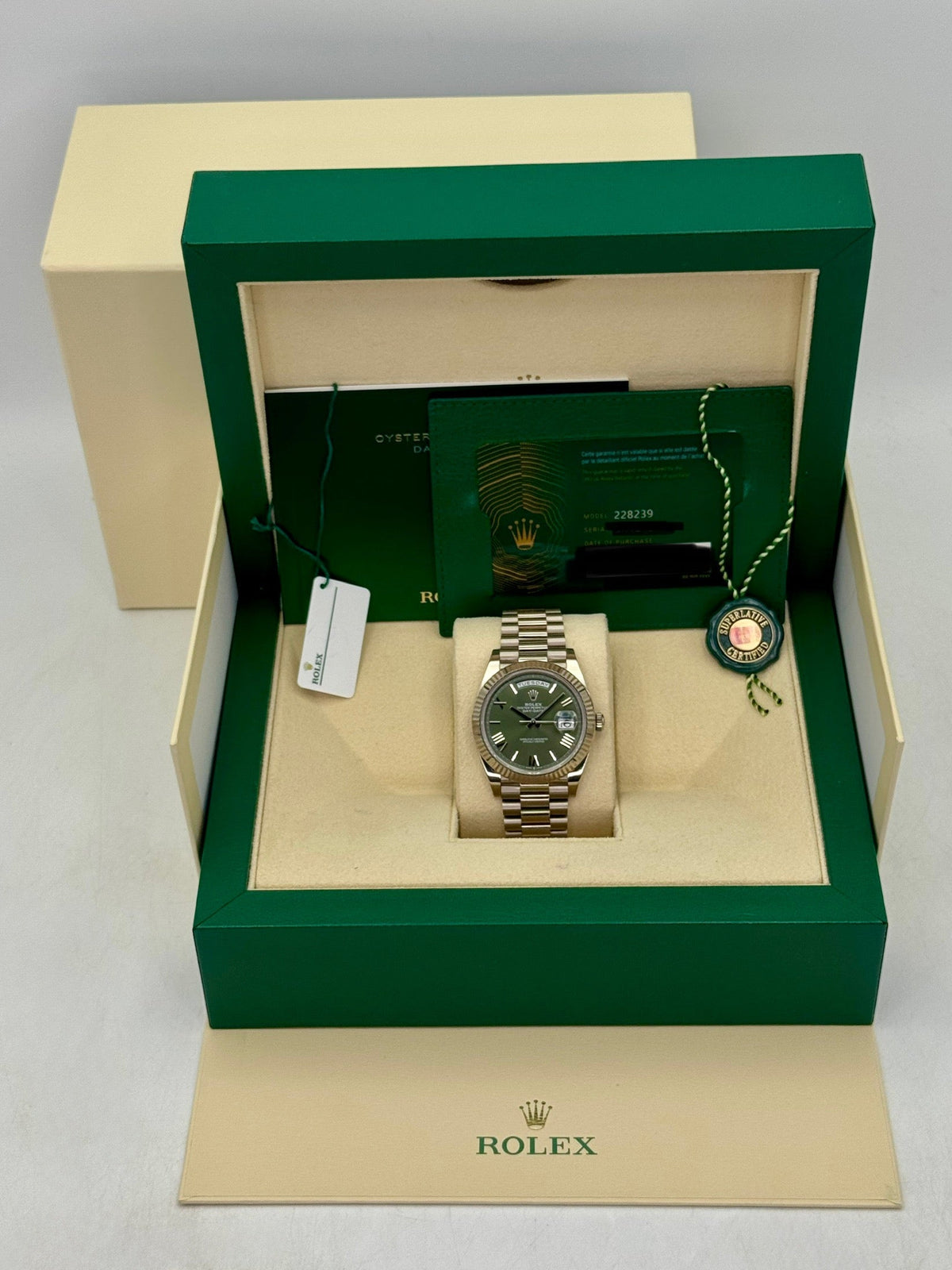 2023 Rolex Day-Date 40mm 228239 White Gold Olive Dial