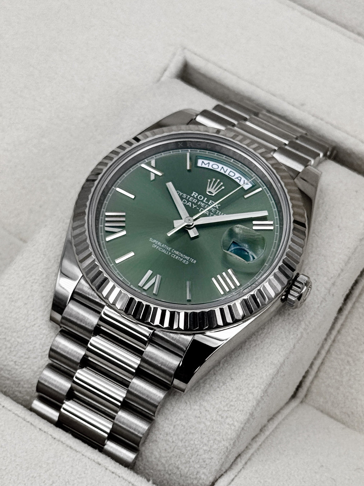 2025 Rolex Day-Date 40mm 228239 White Gold Olive Dial