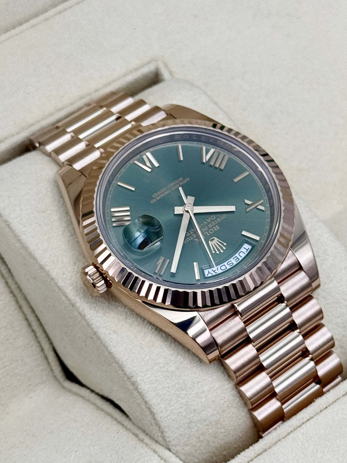 2017 Rolex Day-Date 40mm 228235 Presidential Rose Gold Olive Green Dial