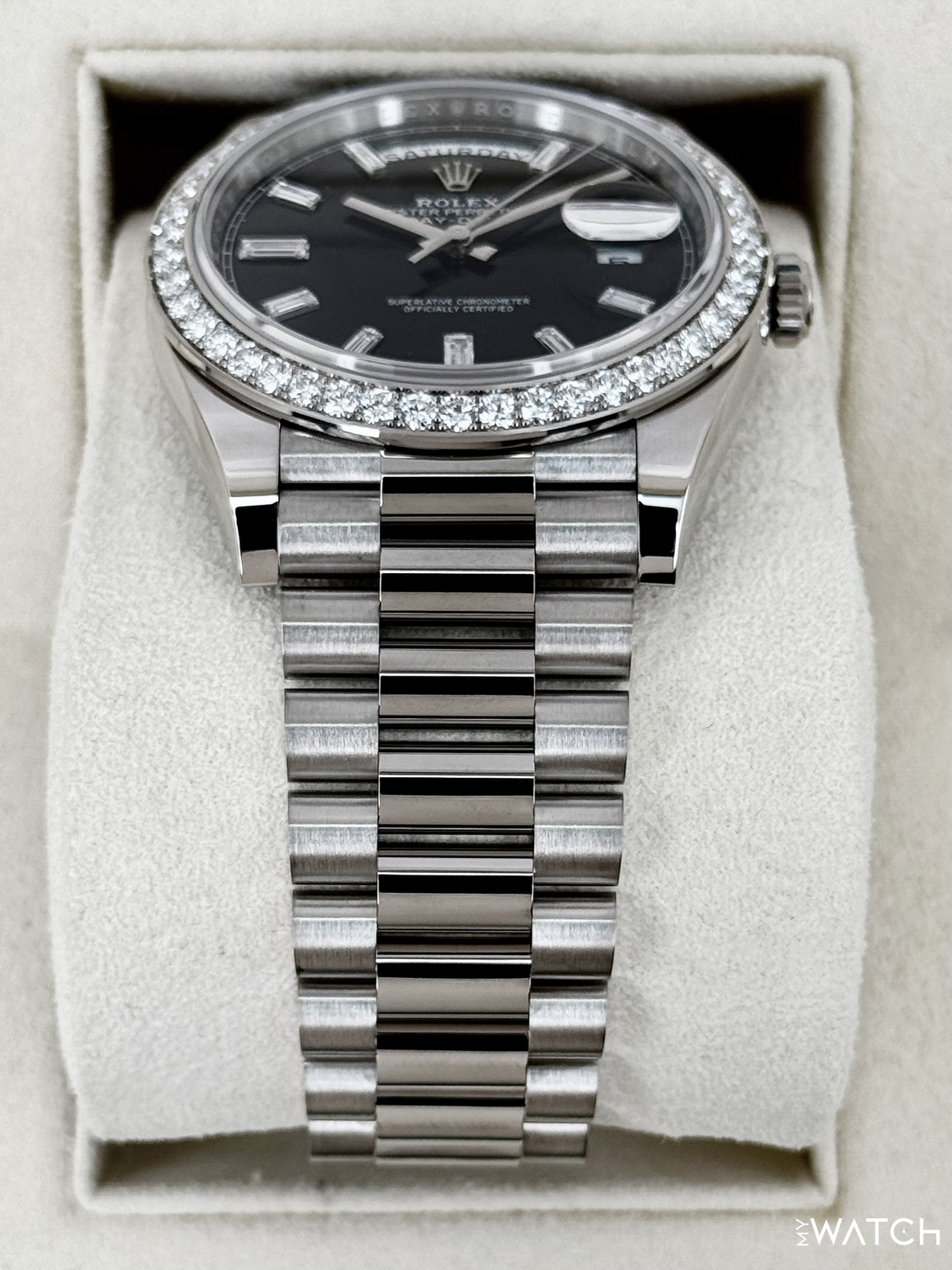 2023 Rolex Day-Date 40mm 228349RBR Presidential Black Diamond Baguette Dial