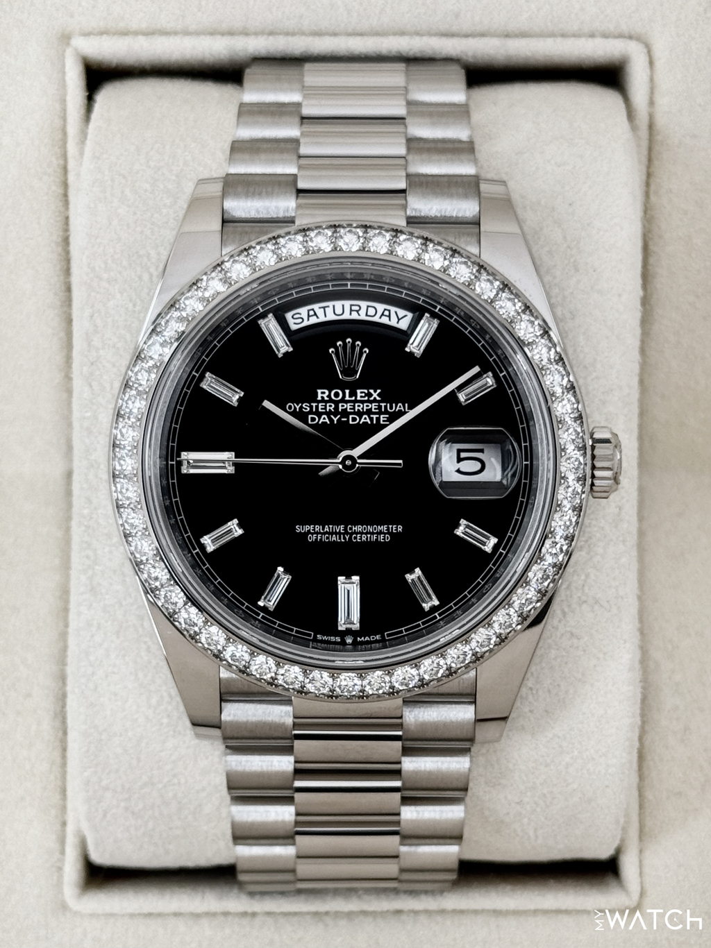 2023 Rolex Day-Date 40mm 228349RBR Presidential Black Diamond Baguette Dial