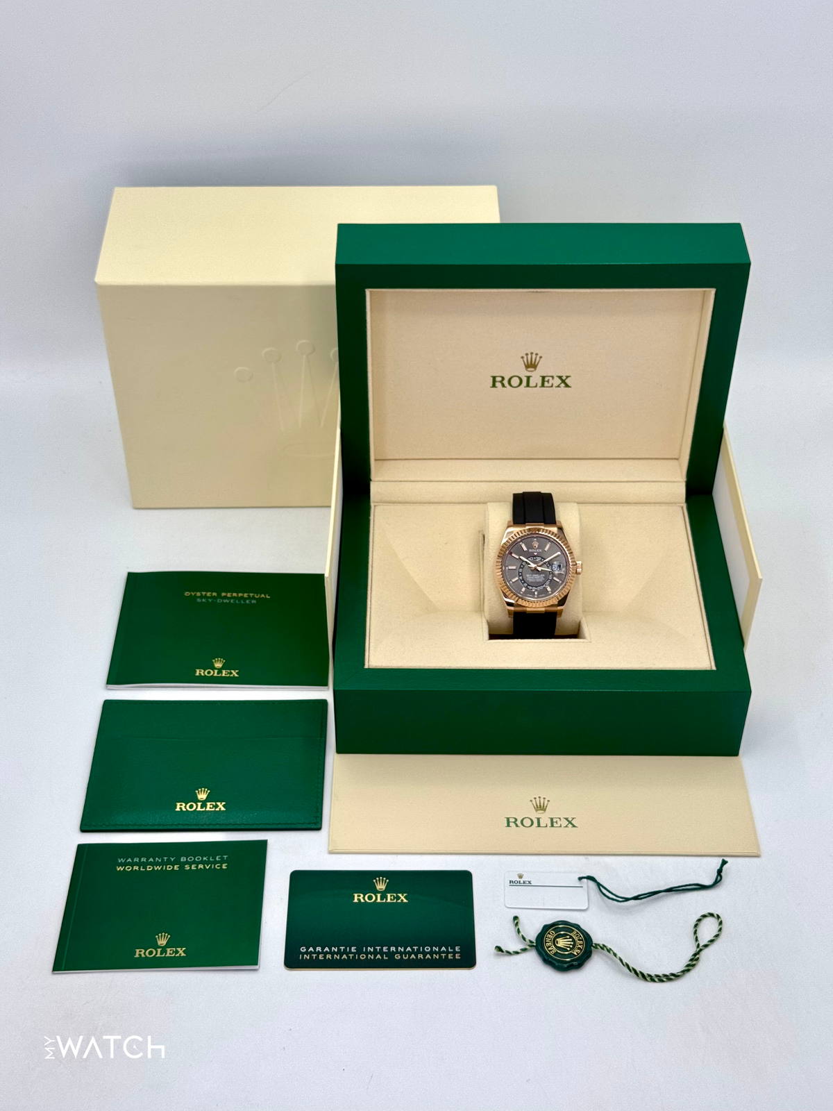 2021 Rolex Sky-Dweller 42mm 326235 Rose Gold Oysterflex Rhodium Dial