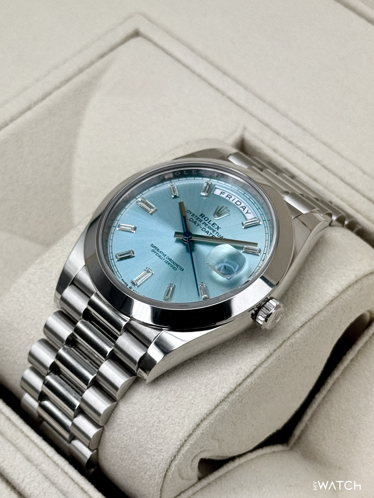 2021 Rolex Day-Date 40mm 228206 Platinum Ice Blue Diamond Dial