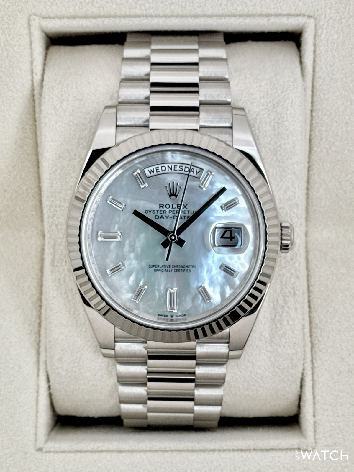 2024 Rolex Day-Date 40mm 228239 White Gold Mother of Pearl Diamond Dial