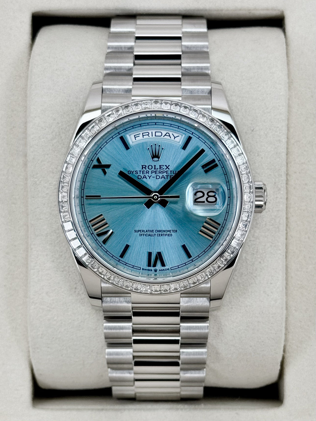 NEW 2026 Rolex Day-Date 36mm 128396TBR Ice Blue Roman Numeral Dial