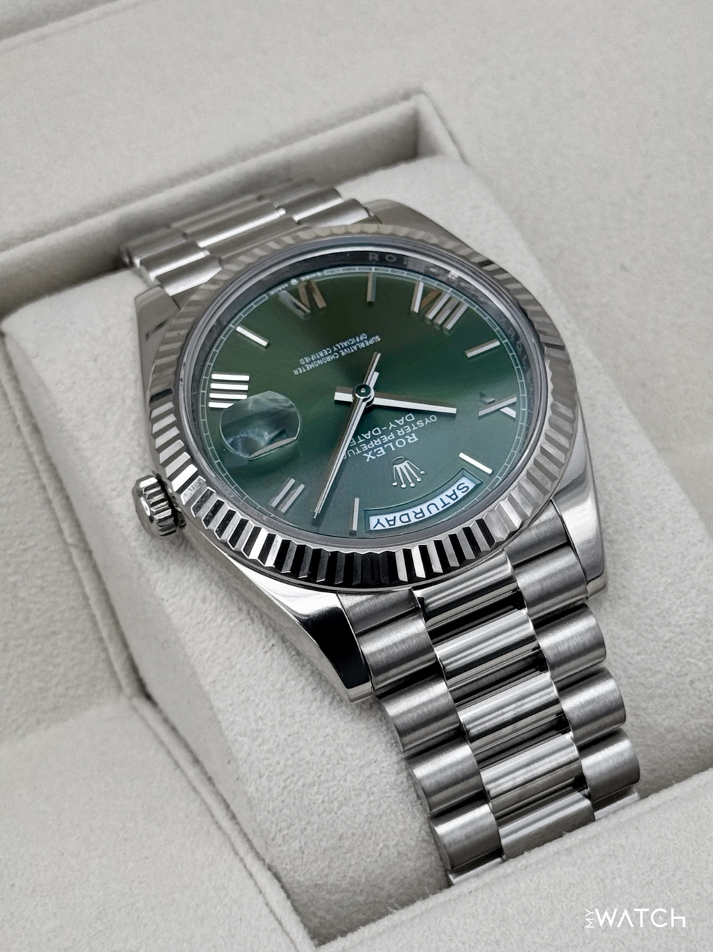 2022 Rolex Day-Date 40mm 228239 Presidential 18kt White Gold Olive Dial