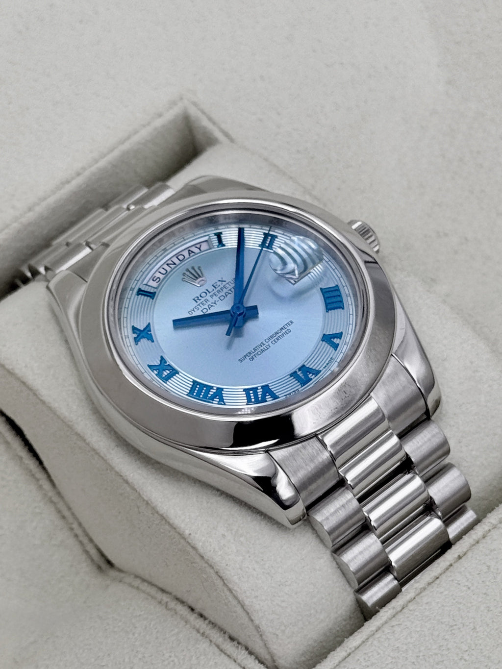 2014 Rolex Day-Date II 41mm 218206 Platinum Ice Blue Roman Numeral Dial