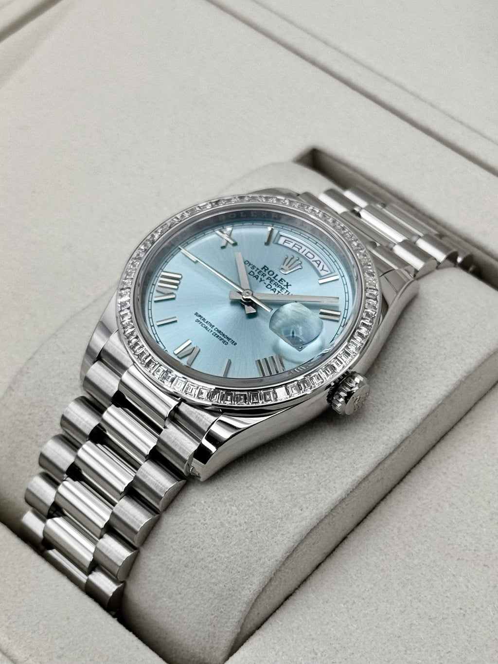 NEW 2026 Rolex Day-Date 36mm 128396TBR Ice Blue Roman Numeral Dial