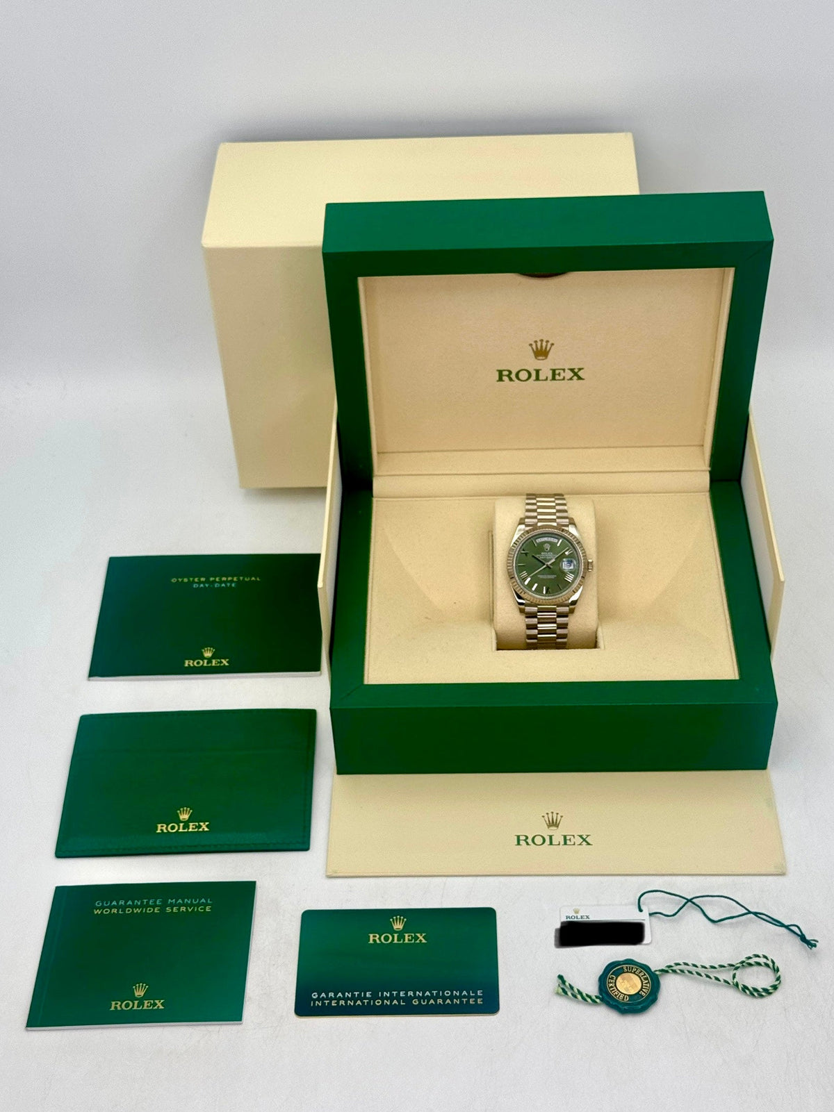 2020 Rolex Day-Date 40mm 228239 Presidential White Gold Olive Green Dial