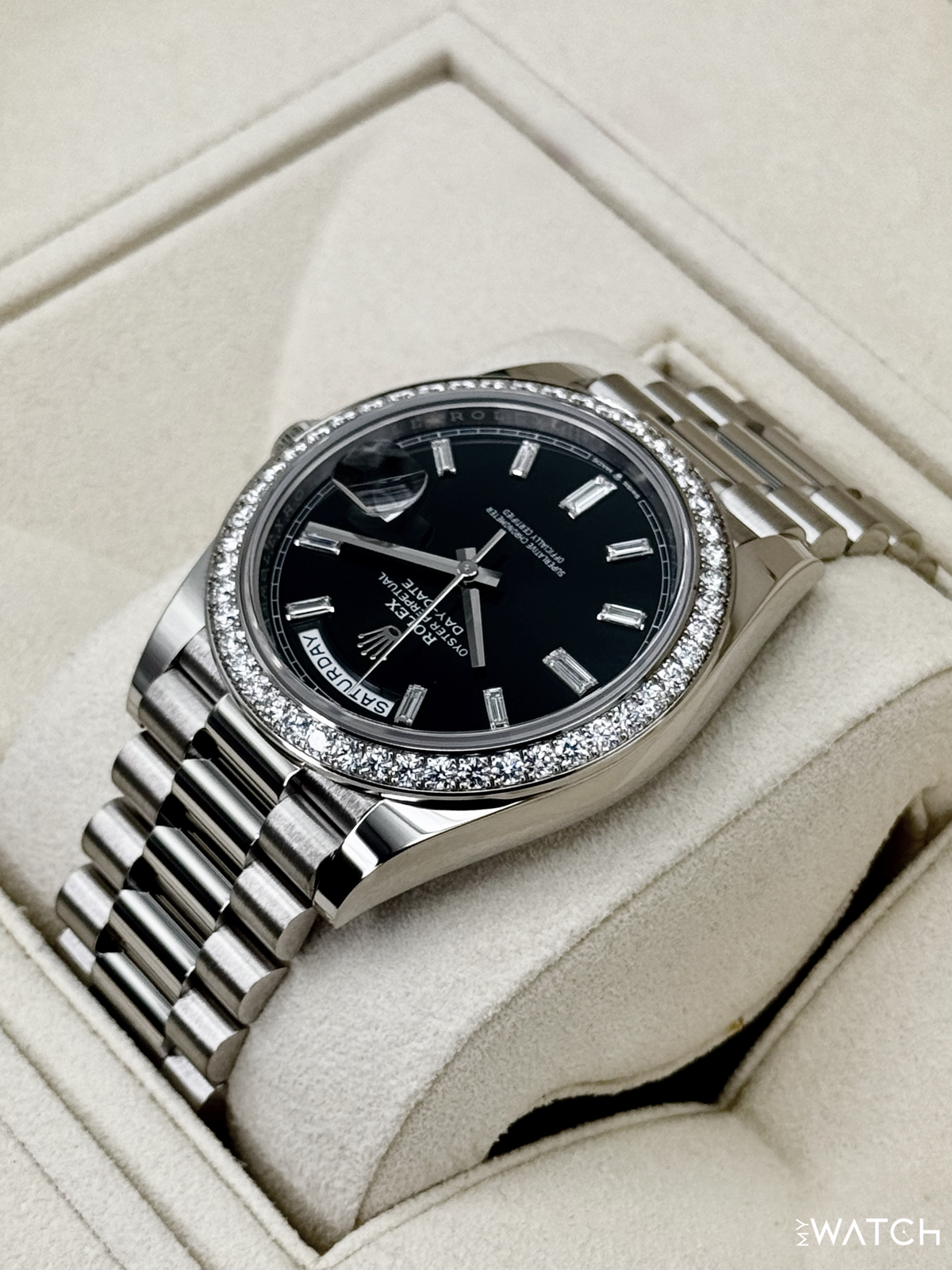 2023 Rolex Day-Date 40mm 228349RBR Presidential Black Diamond Baguette Dial