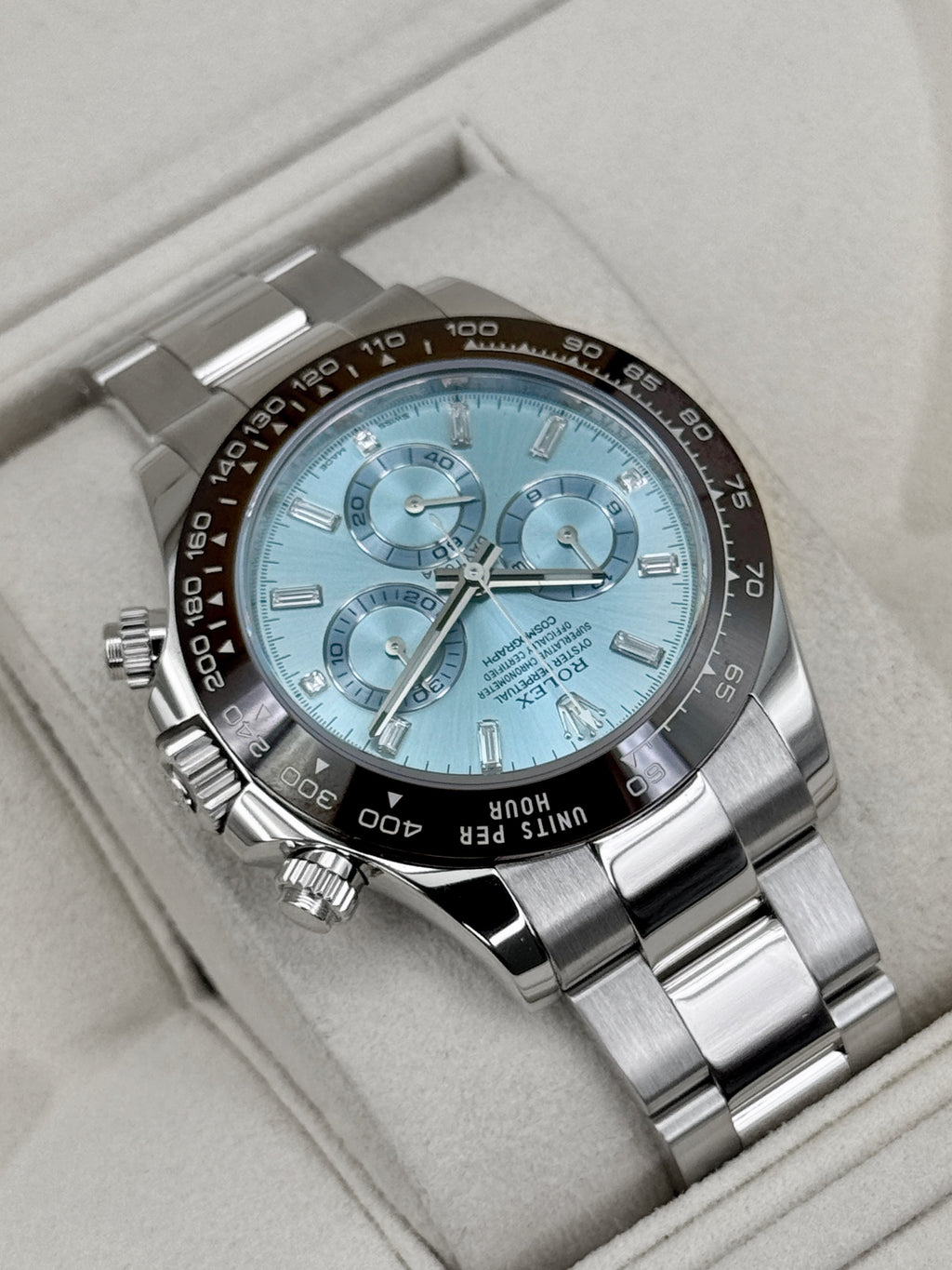 2020 Rolex Daytona 40mm 116506 Platinum Ice Blue Diamond Baguette Dial