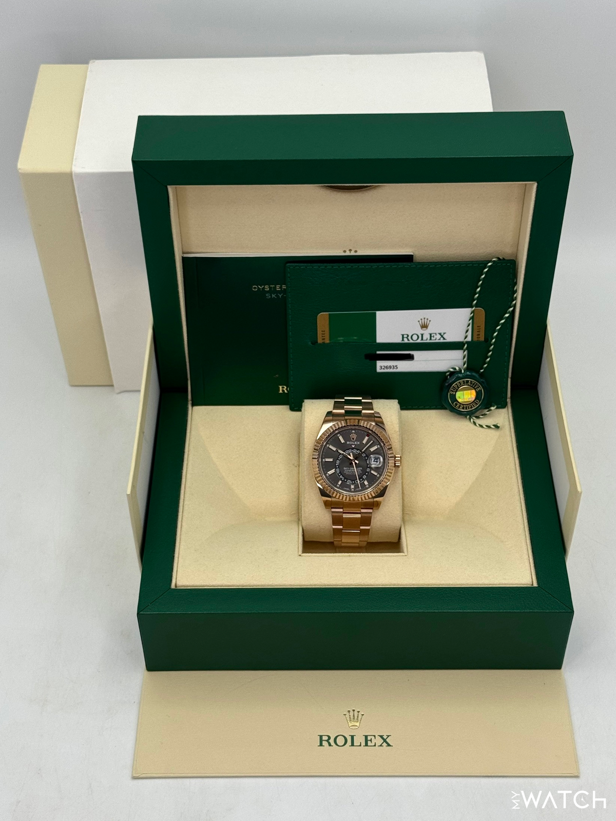 2019 Rolex Sky-Dweller 42mm 326935 Rose Gold Oyster Rhodium Dial