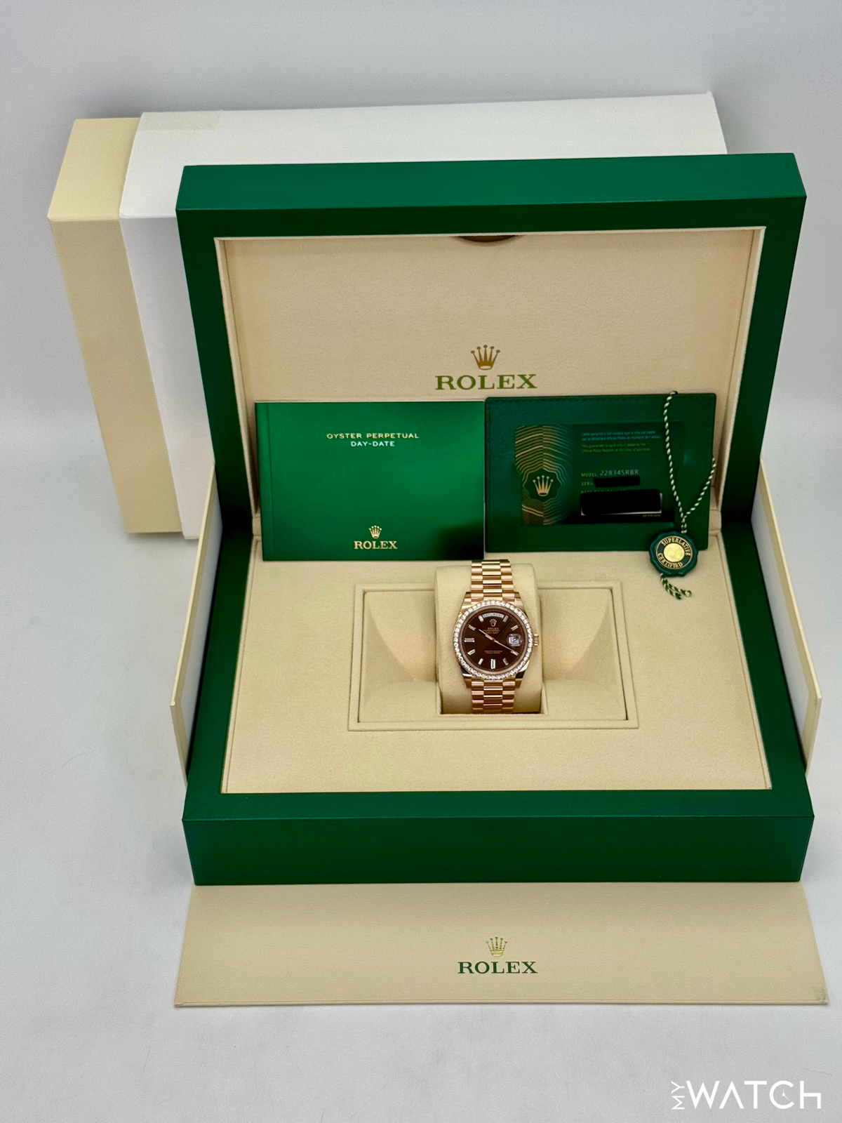 2022 Rolex Day-Date 40mm 228345RBR Rose Gold Chocolate Diamond Dial (STICKERED)