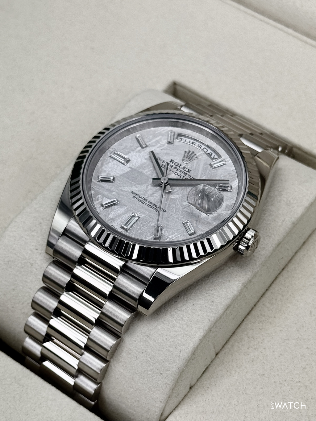NEW 2026 Rolex Day-Date 40mm 228239 White Gold Meteorite Diamond Dial