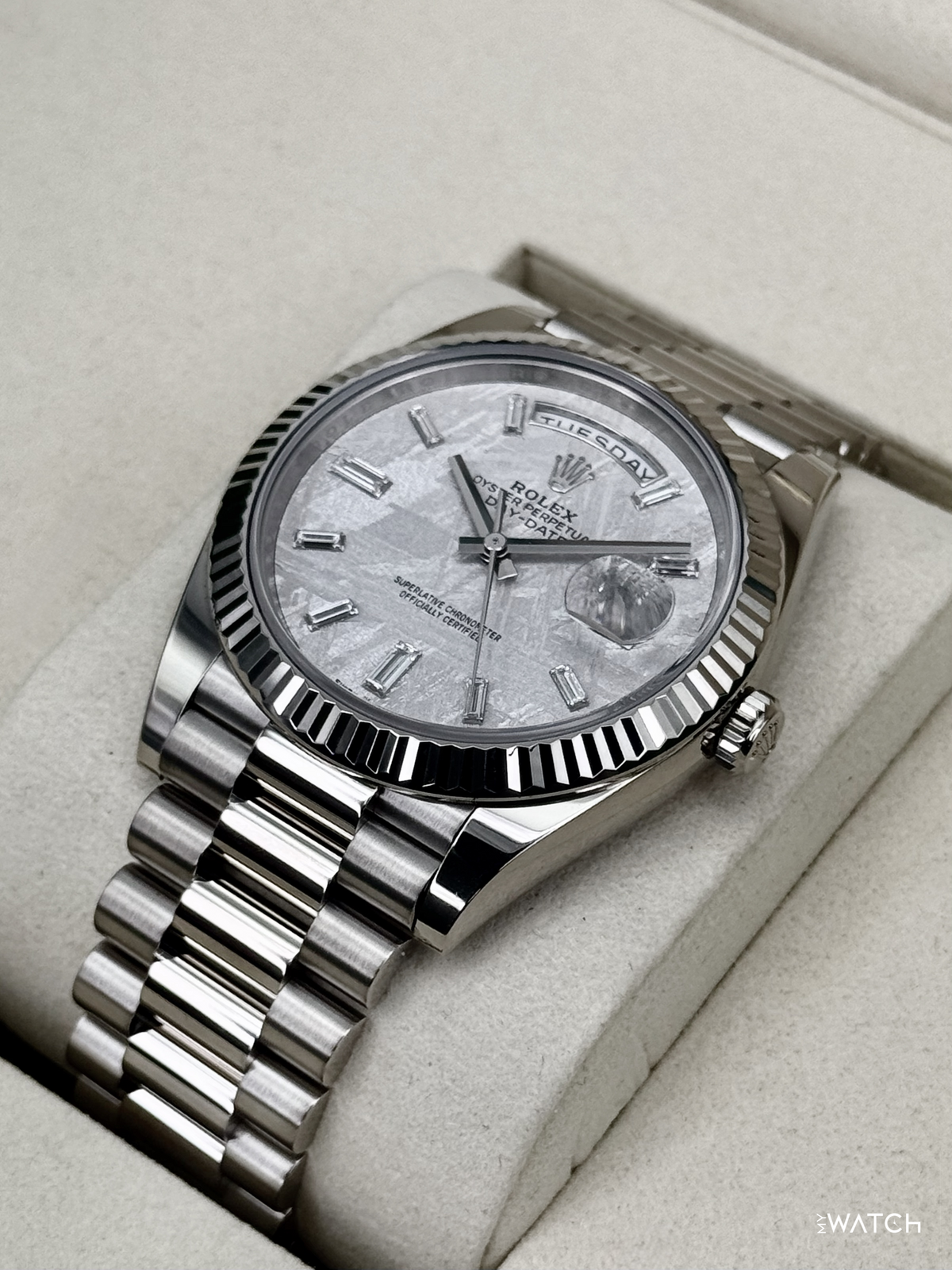 NEW 2026 Rolex Day-Date 40mm 228239 White Gold Meteorite Diamond Dial