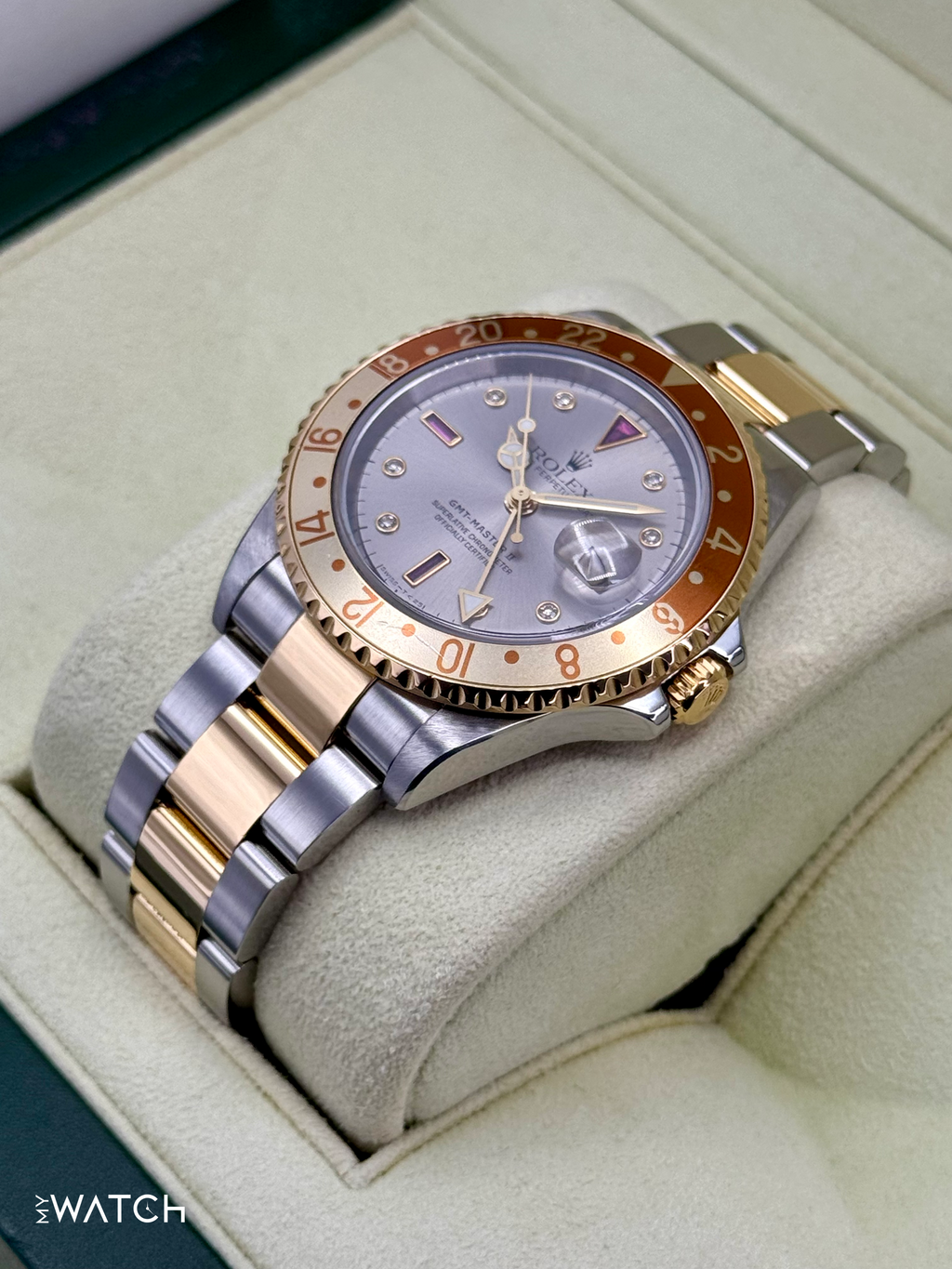 2007 Rolex GMT-Master II 40mm 16713 Slate Grey Serti Diamond Ruby Dial
