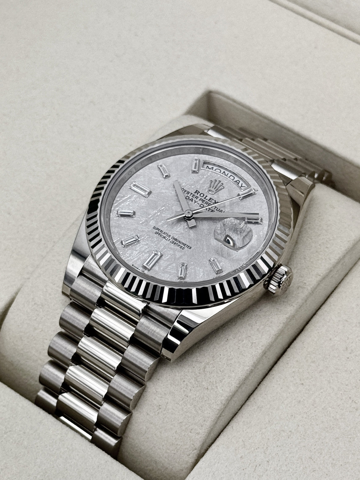 NEW 2026 Rolex Day-Date 40mm 228239 White Gold Meteorite Diamond Dial