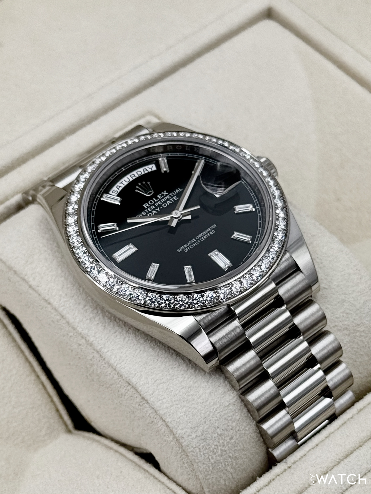 2023 Rolex Day-Date 40mm 228349RBR Presidential Black Diamond Baguette Dial