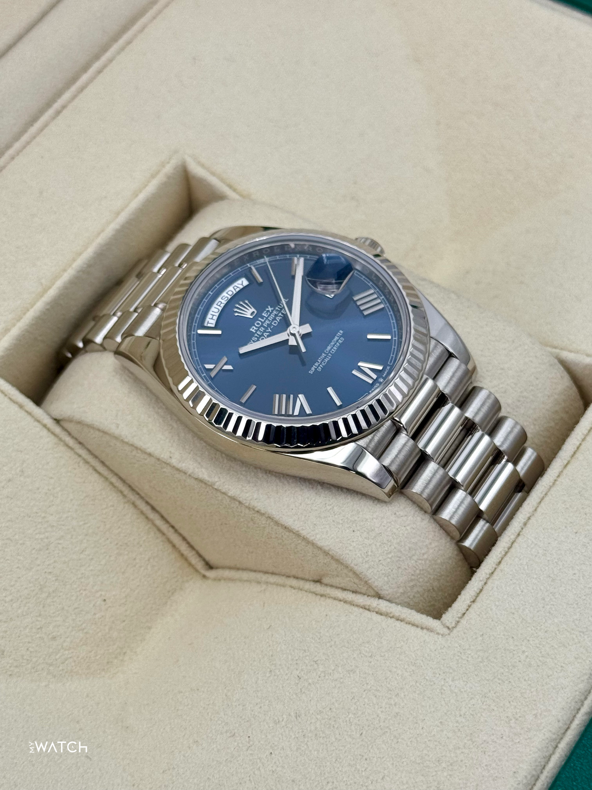 2021 Rolex Day-Date 40mm 228239 White Gold Blue Dial