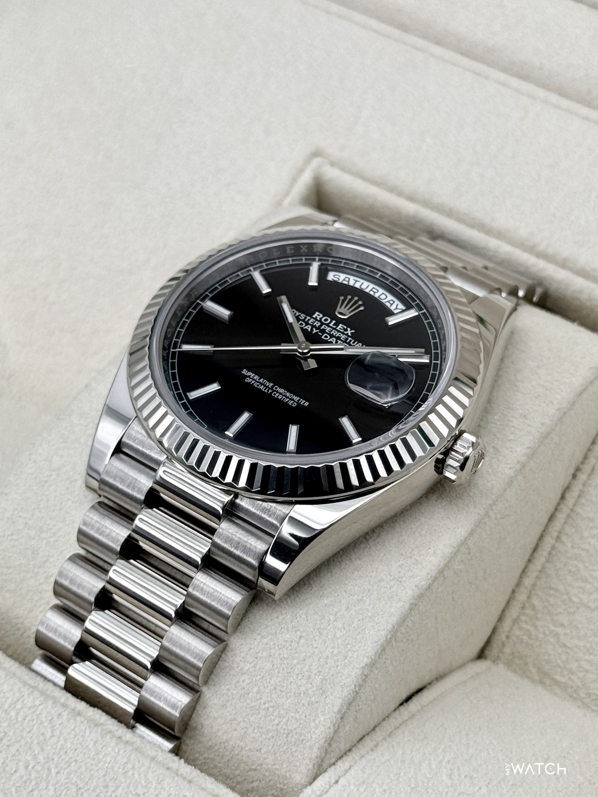 2025 Rolex Day-Date 40mm 228239 Presidential 18kt White Gold Black Dial