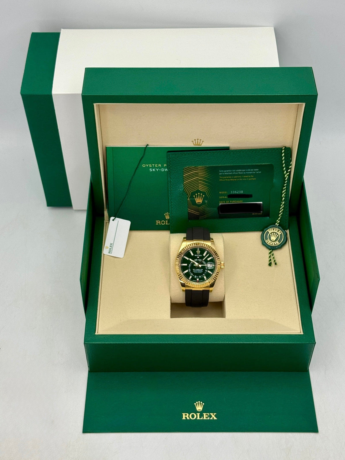2025 Rolex Sky-Dweller 42mm 336238 Yellow Gold Oysterflex Green Dial