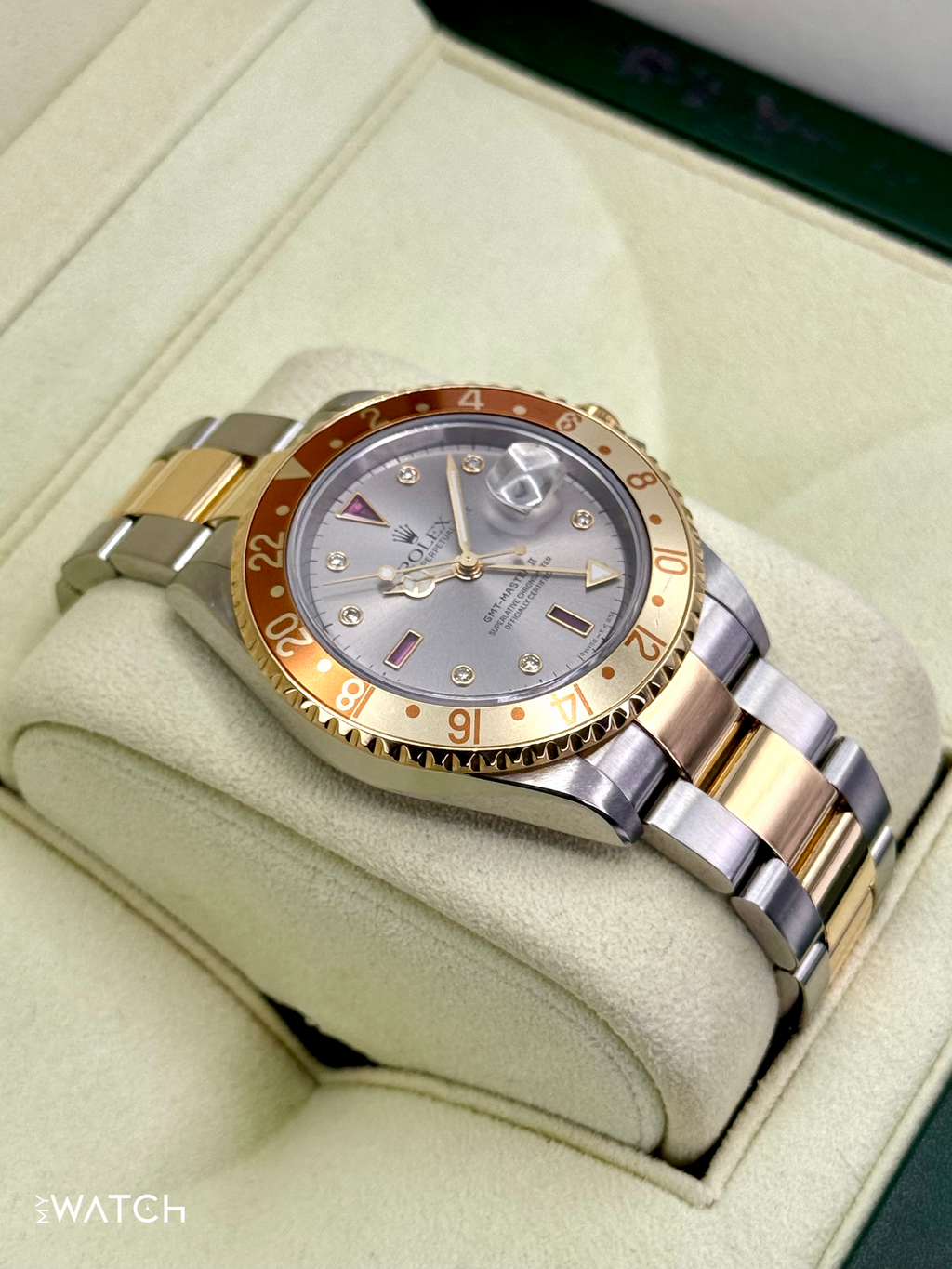 2007 Rolex GMT-Master II 40mm 16713 Slate Grey Serti Diamond Ruby Dial