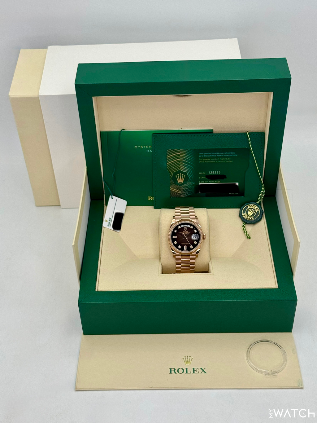 2022 Rolex Day-Date 36mm 128235 Rose Gold Chocolate Diamond Dial