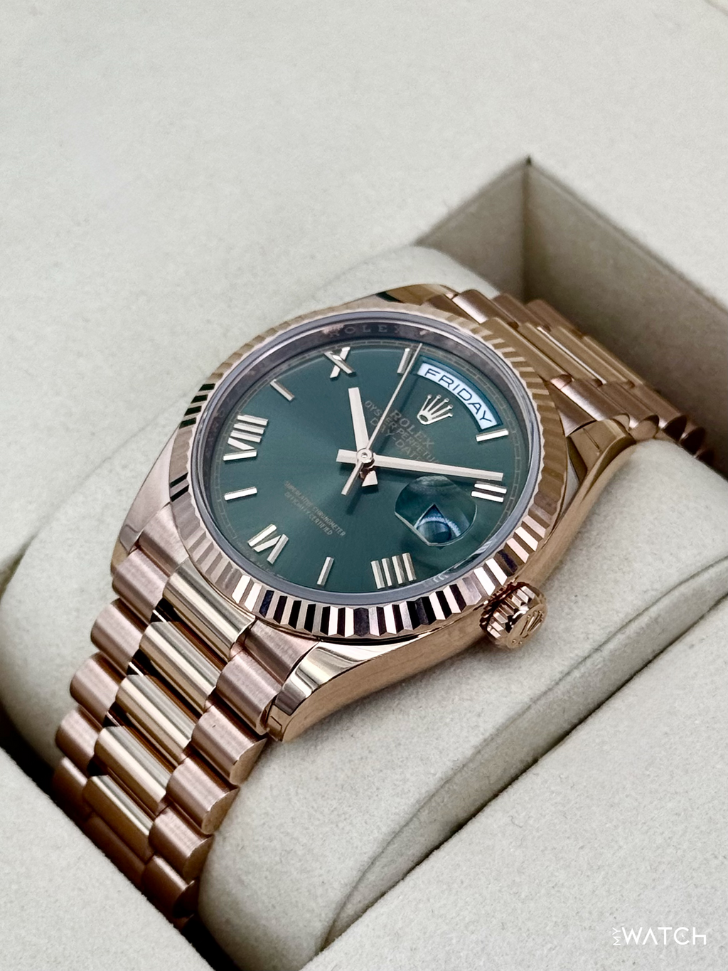 NEW 2026 Rolex Day-Date 36mm 128235 Presidential Rose Gold Olive Green Dial