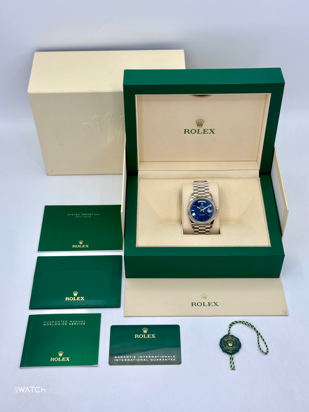 2021 Rolex Day-Date 40mm 228239 White Gold Blue Dial