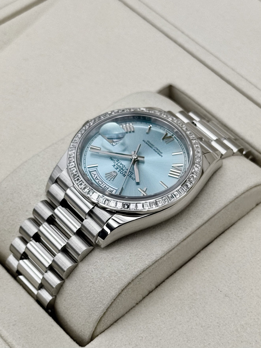 NEW 2026 Rolex Day-Date 36mm 128396TBR Ice Blue Roman Numeral Dial