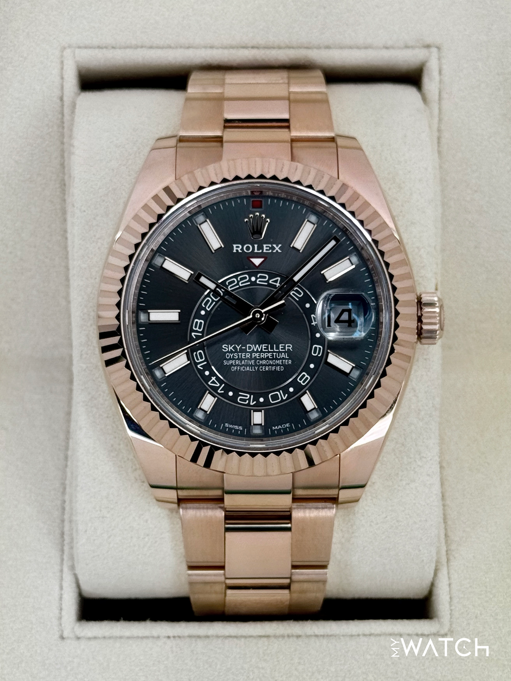 2023 Rolex Sky-Dweller 42mm 326935 Rose Gold Oyster Rhodium Dial